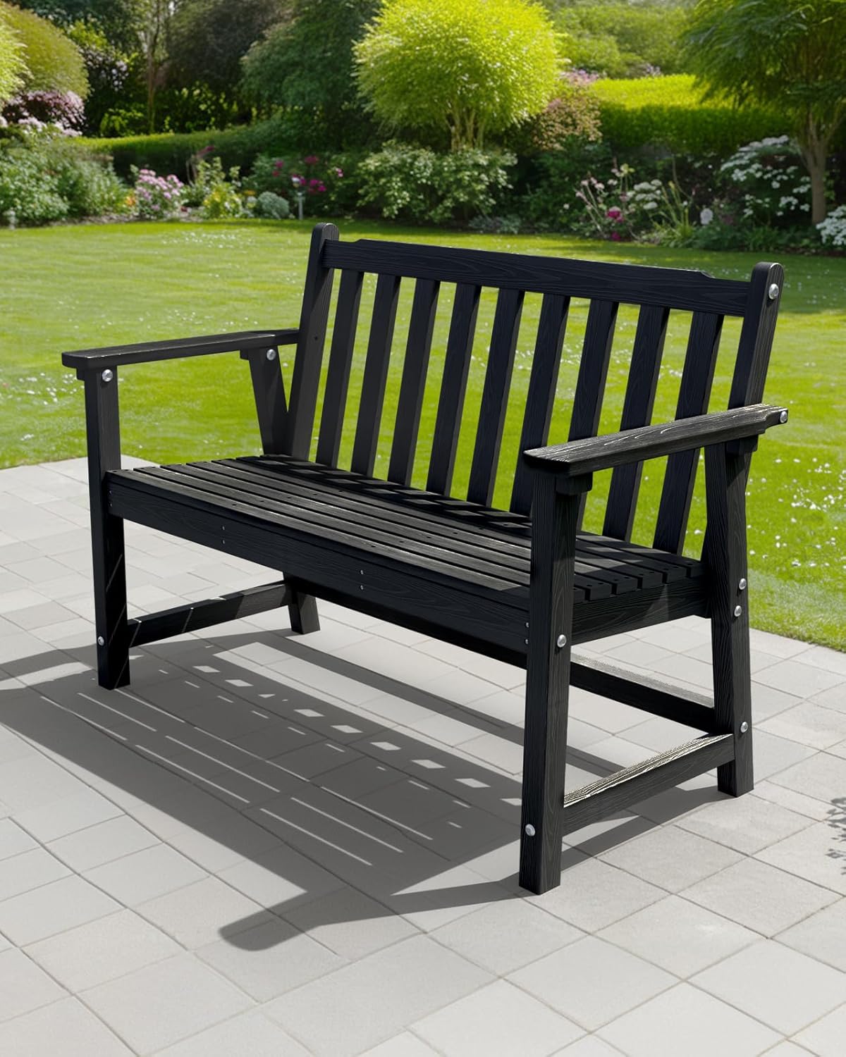 Outdoor Bench, 2-Person HDPE Garden Bench, All Weather Poly Patio Bench for Outdoors, Garden, Backyard, Porch and Park, 550 lbs Weight Capacity, Black, 2 Pack