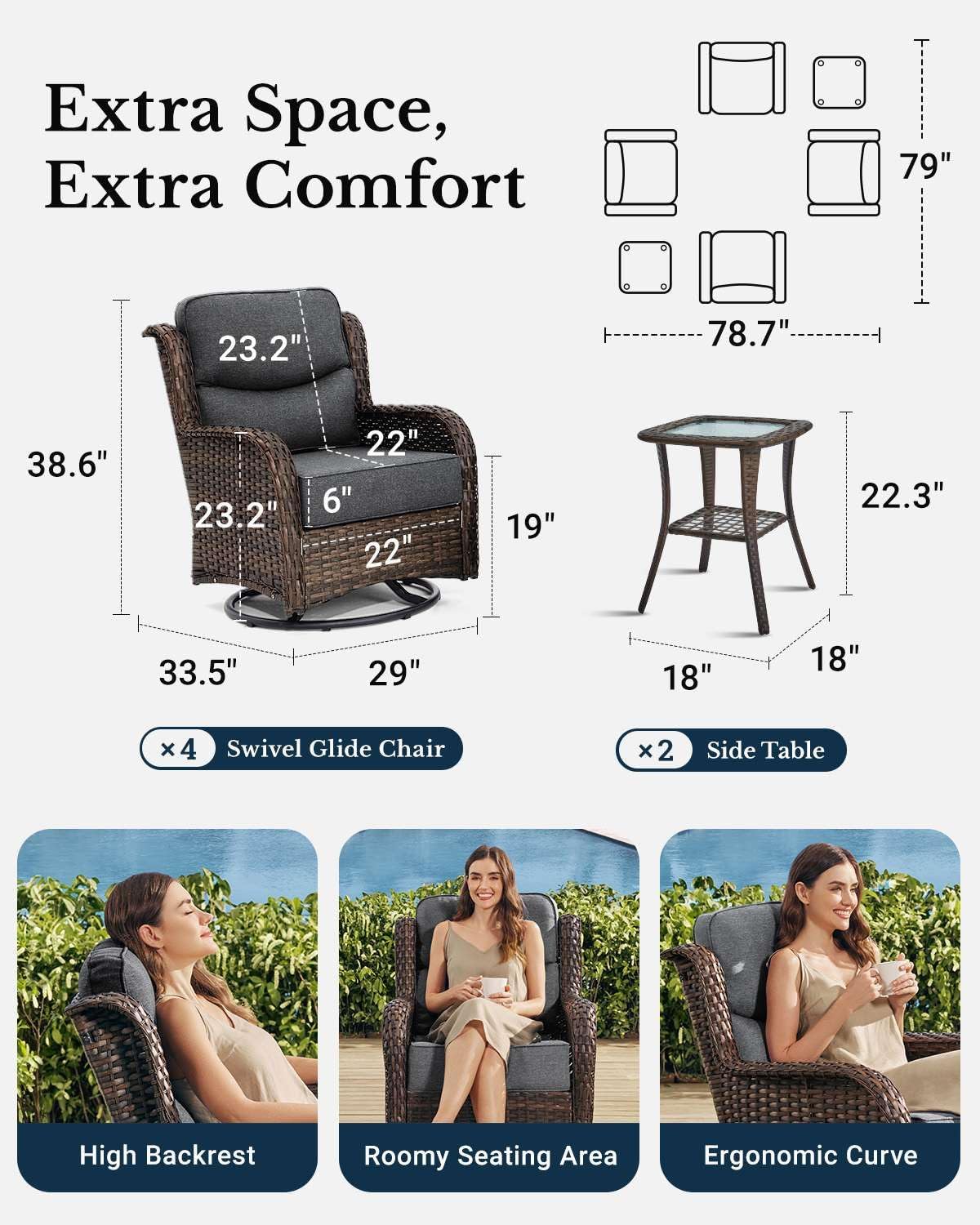 HILLGA Luxury Patio Furniture Set with 6-inch Thick Cushion, Outdoor High Back Swivel Rocker Patio Chairs, 6PCS Wicker Conversation Set for Deck Yard and Poolside, Dark Grey (V2)