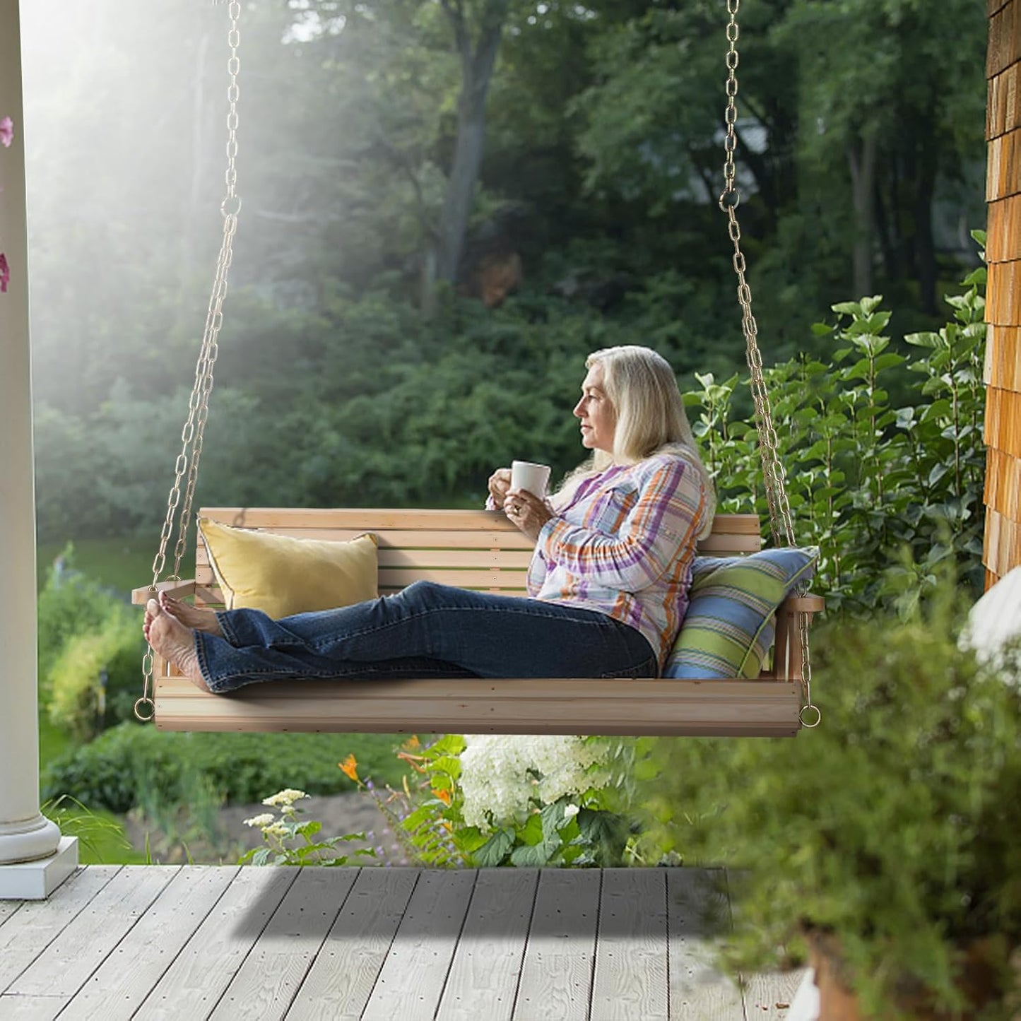 VINGLI Upgraded Patio Wooden Porch Swing for Courtyard & Garden, Heavy Duty 880 LBS Swing Chair Bench with Hanging Chains for Outdoors (Natural, 4 FT)