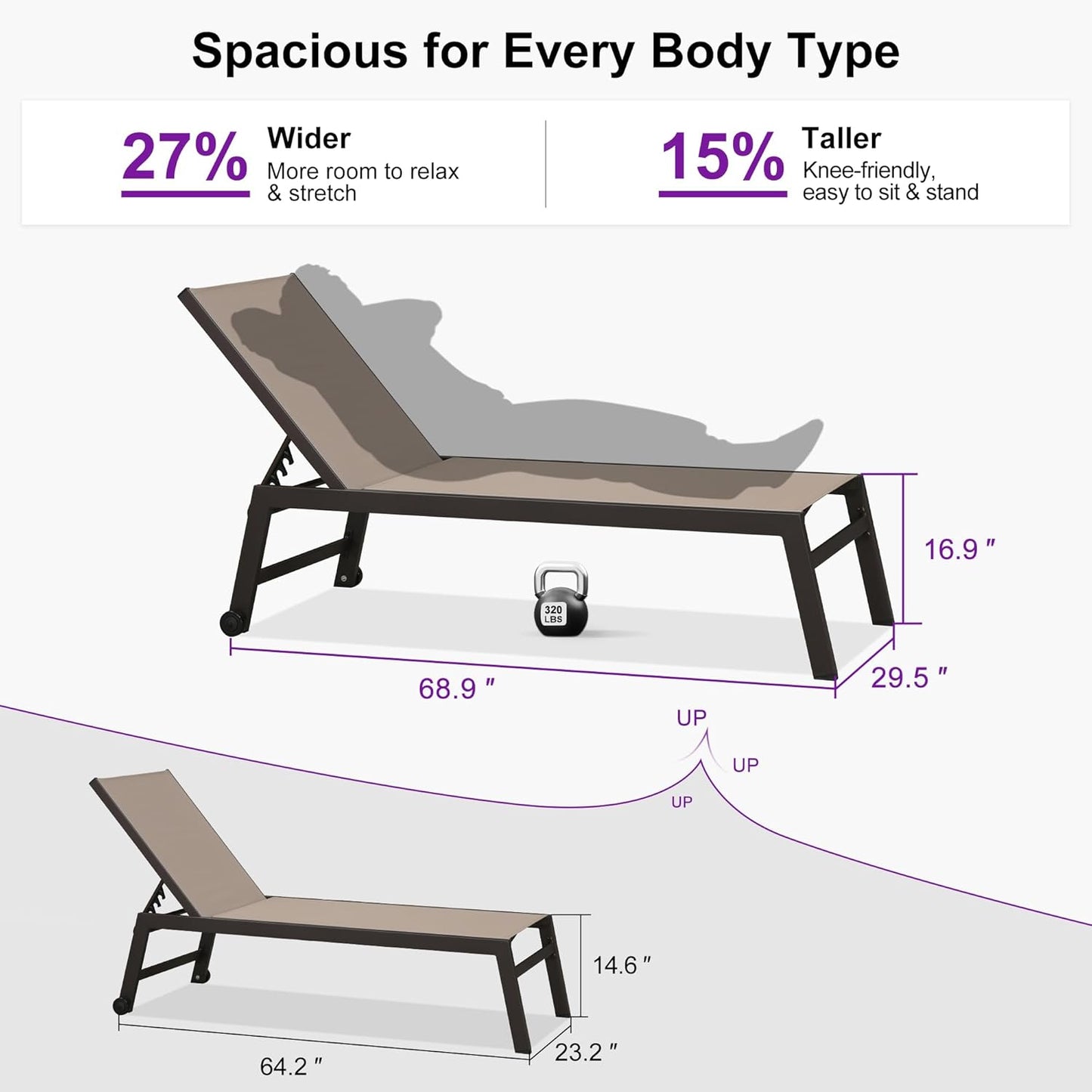 PURPLE LEAF Oversized Patio Lounge Chairs Set of 3, Reclining Pool Lounge Chairs with Side Table and Wheels for All Weather for Outdoor, Deck, Lawn, Aluminum Outside Pool, Taupe