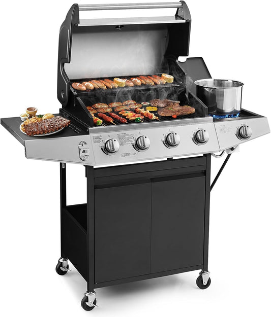 4 Burners Gas Grill with Side Burner, Propane Grill with Wheels and Storage, Outdoor Gas BBQ with Oil Tray and Thermometer for Patio and Party, 49200 BTU