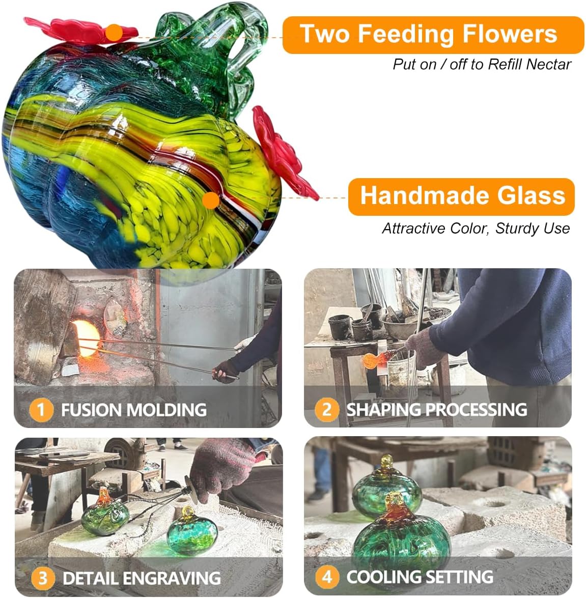 Small Glass Hummingbird Feeders for Outdoors Hanging + Rain Cover - Hand Blown Glass Pumpkin Nectar Feeding, 2 Flowers Feeding Ports, Decor for Garden/Backyard Outside, Multi Color