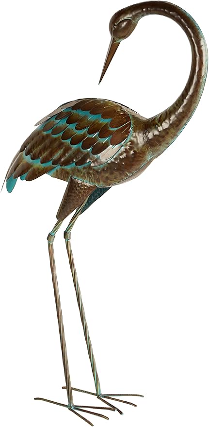 Regal Art & Gift Outdoor Garden Décor, Unique Bird Sculpture, Rustic Metal Bird Statues, Garden Ornaments, Bird Figurine for Lawn, Decorative Sculpture, Crane, Bronze/Green, Back Preening, 38"height
