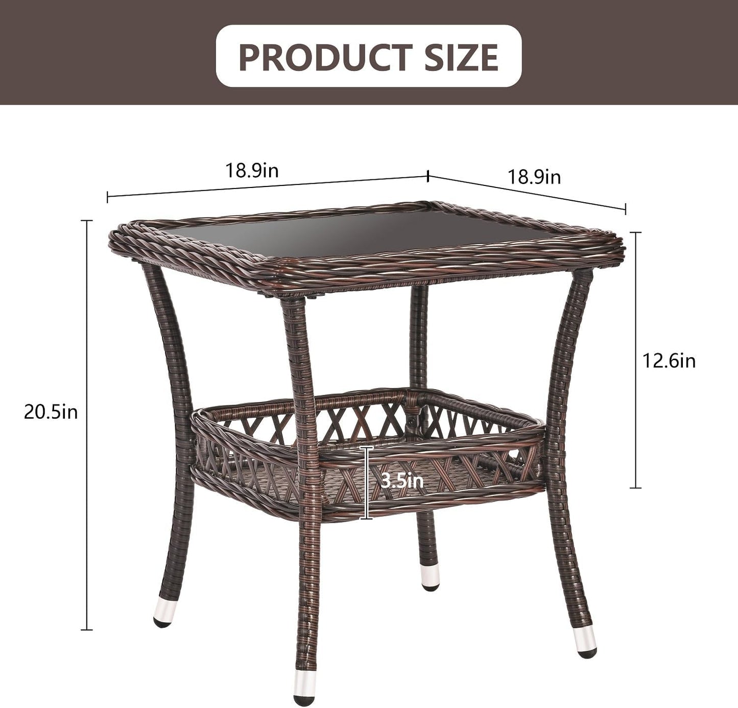 Outdoor Side Table Patio Wicker Coffee Table Outdoor End Table Rattan Bistro Table with Storage & Black Glass Table Top Square for Outside Balcony Porch Backyard Deck Brown