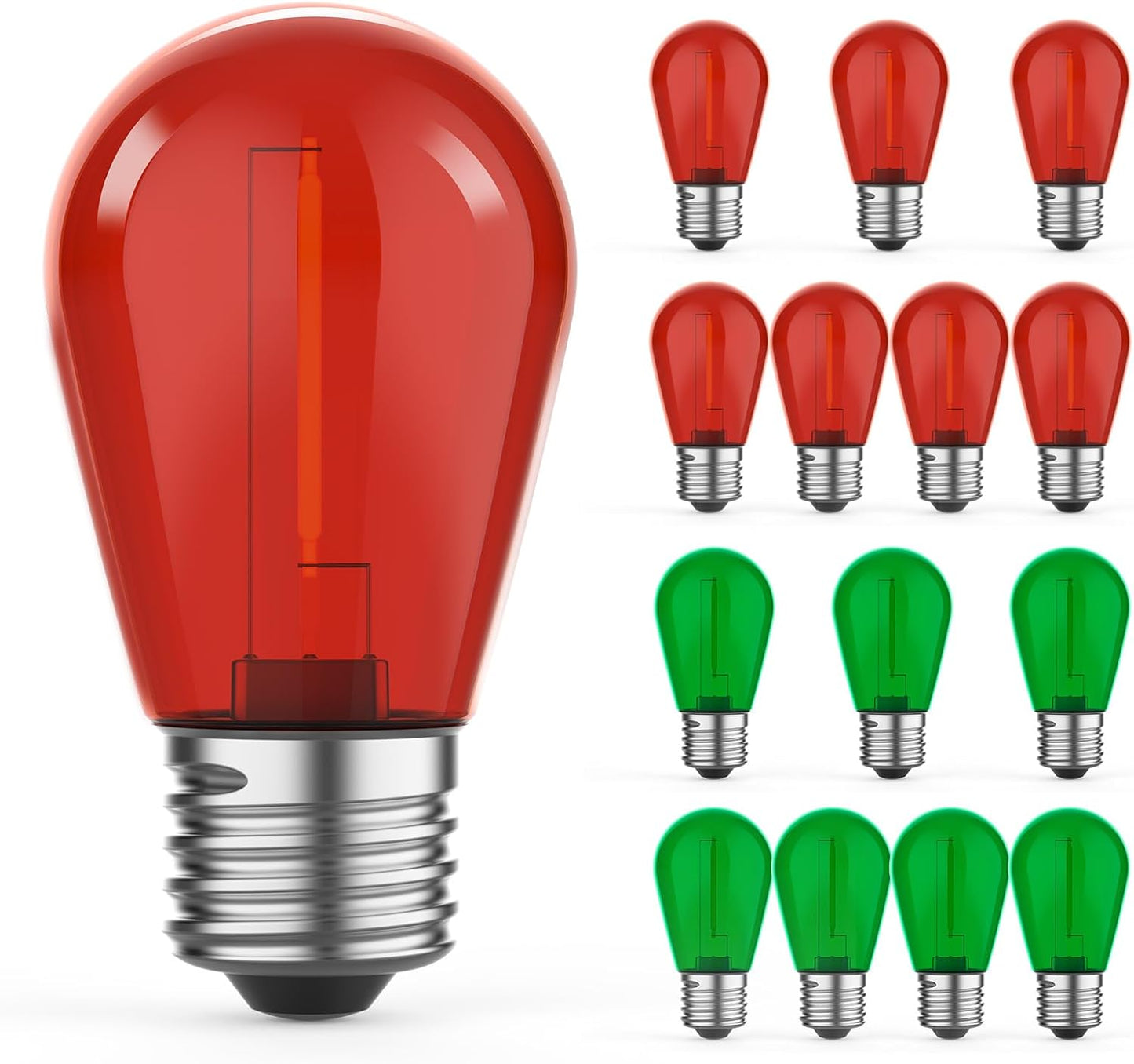 15 Pack S14 Colored LED String Light Bulbs, 1W Plastic Shatterproof Replacement Bulbs for Outdoor Patio Backyard Lights, E26 Medium Base, Dimmable, Warm White 2200K, Red/Green