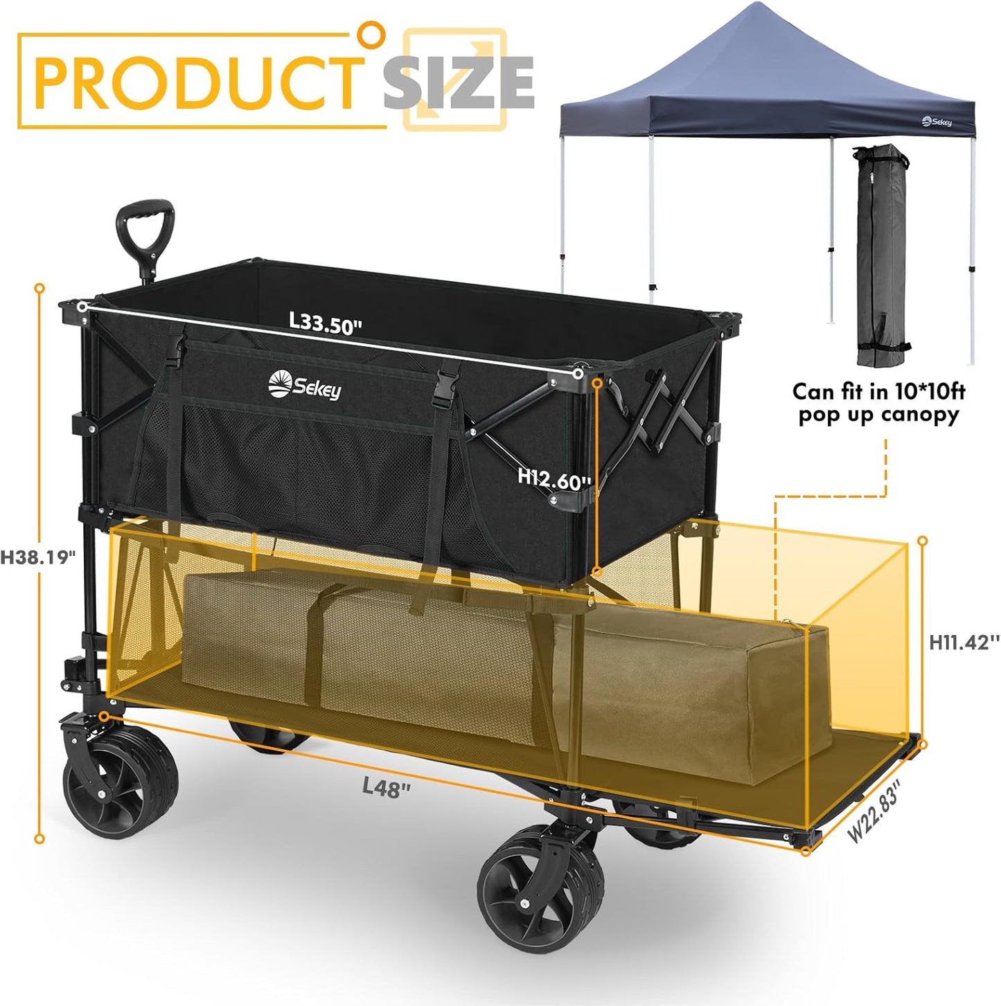 400L Large Capacity Folding Double Decker Wagon with Brakes, 48" Extra Long Extender Cart, 500lbs Heavy Duty Collapsible Wagons, All-Terrain Big Wheels for Camping, Sports, Shopping. Black