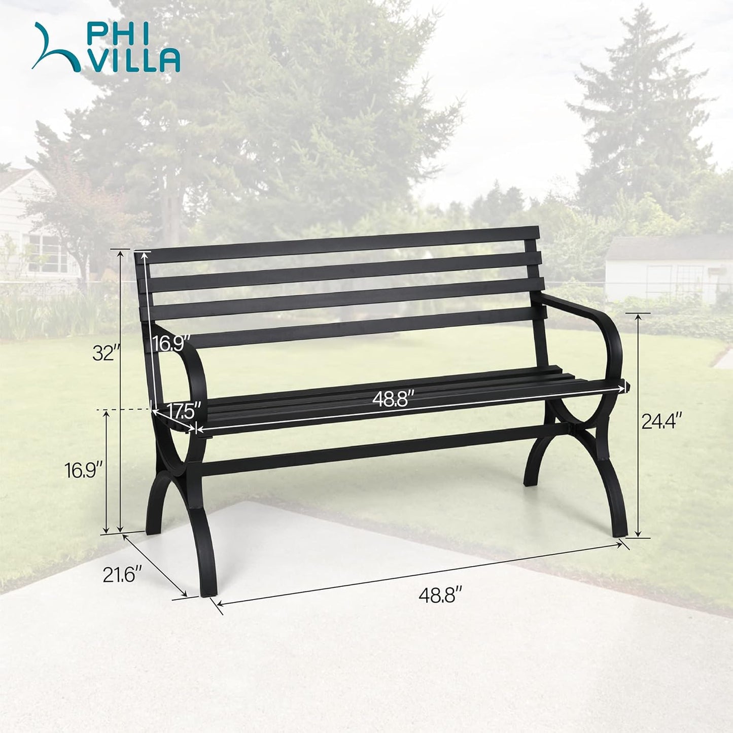 PHI VILLA Outdoor Garden Bench, 48” Long Metal Steel Bench with Backrest and Armrests, Modern Slatted Design for Patio, Lawn, Yard, Porch - Black