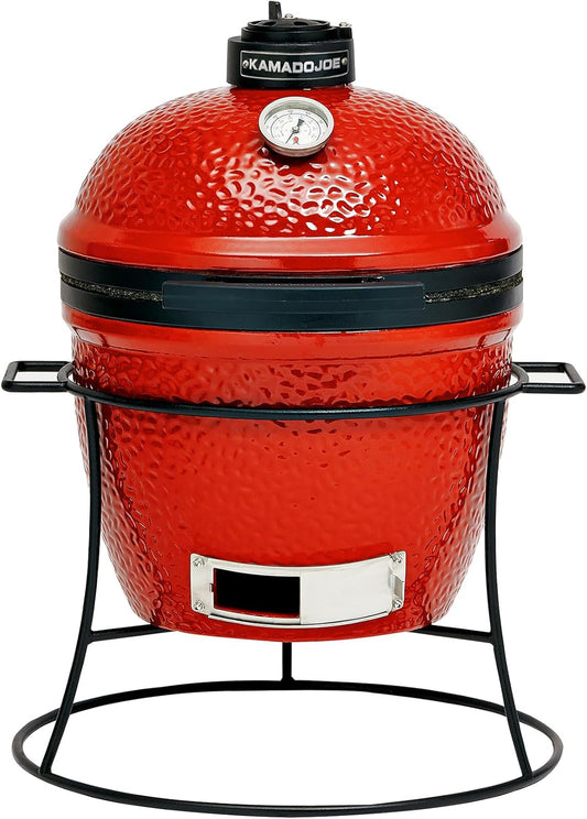 Kamado Joe Joe Jr 13.5-inch Portable Ceramic Charcoal Grill with Grill Stand, Stainless Steel Cooking Grate, Heat Deflectors and Ash Tool in Red, Model KJ13RH