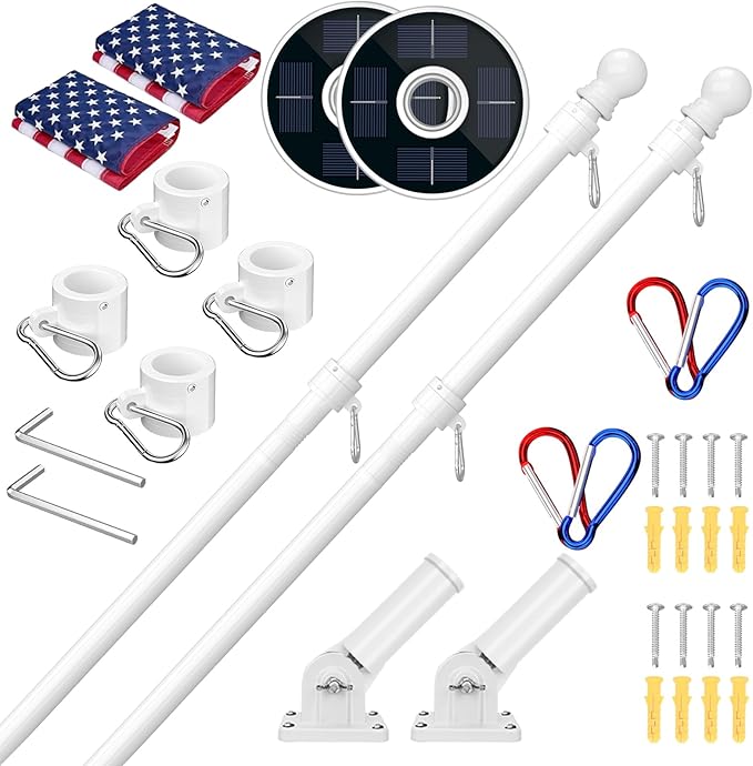 ZMTECH 2 Pack 5FT White Flag Pole Kit with Solar Light and Proud American Flag, Adjustable Bracket and Upgraded Tangle-Free Ring 1" Stainless Steel Flagpole for Day and Night, Residential, Commercial