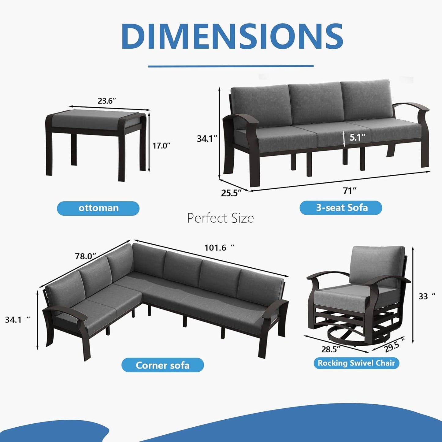 Aluminum Patio Furniture Set with Fire Pit Table, 8 Seats Outdoor Patio Conversation Set Modern Metal Patio Sectional Sofa w/5.1" Upgrade Cushions for Porch, Patio, Backyard(Grey).