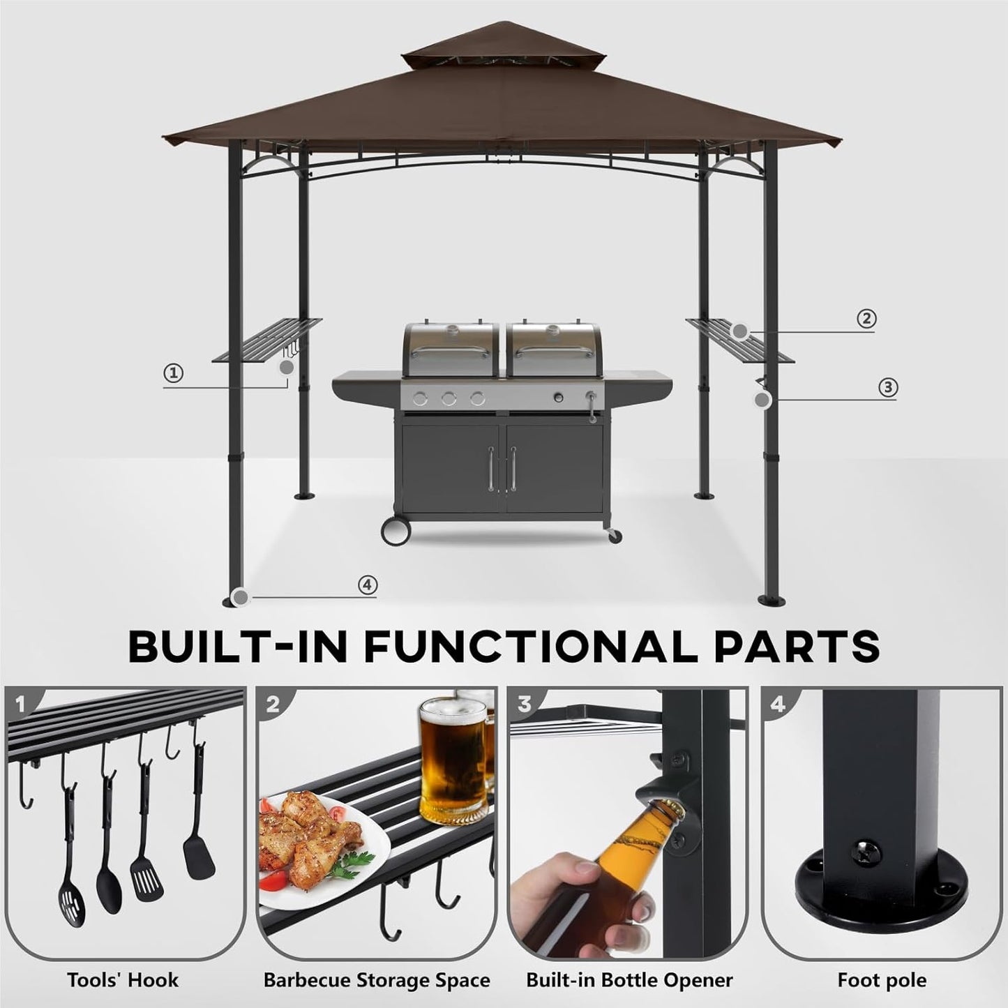 COOSHADE 8'x 5' Grill Gazebo Double Tiered Outdoor BBQ Gazebo Canopy with LED Light (Brown)