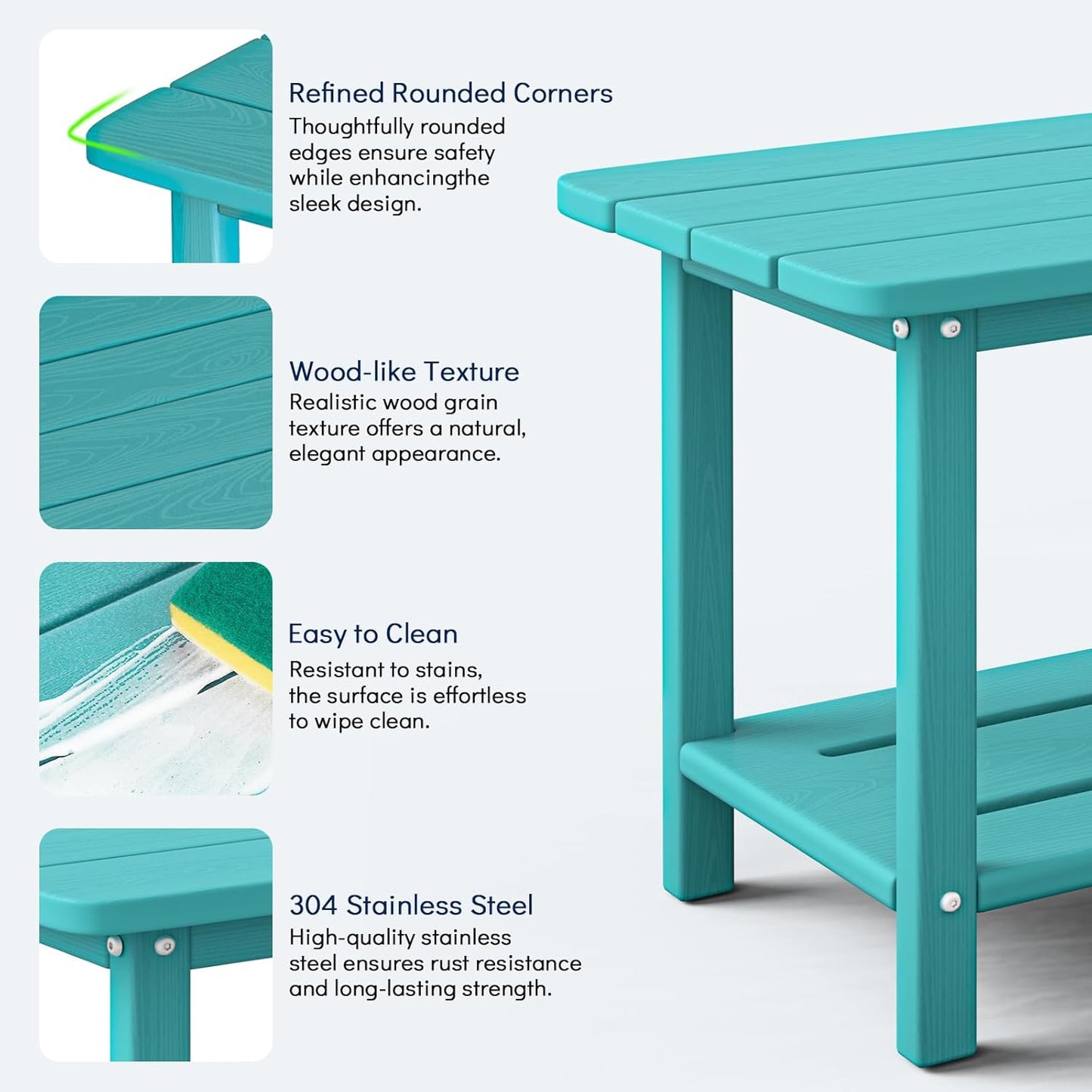 Adirondack Square Side Table - 18.4" Large Panel HDPE Outdoor End Table - Weatherproof, Rustproof & Low Maintenance for Patio, Lawn, Pool, Indoor Use (Aruba)