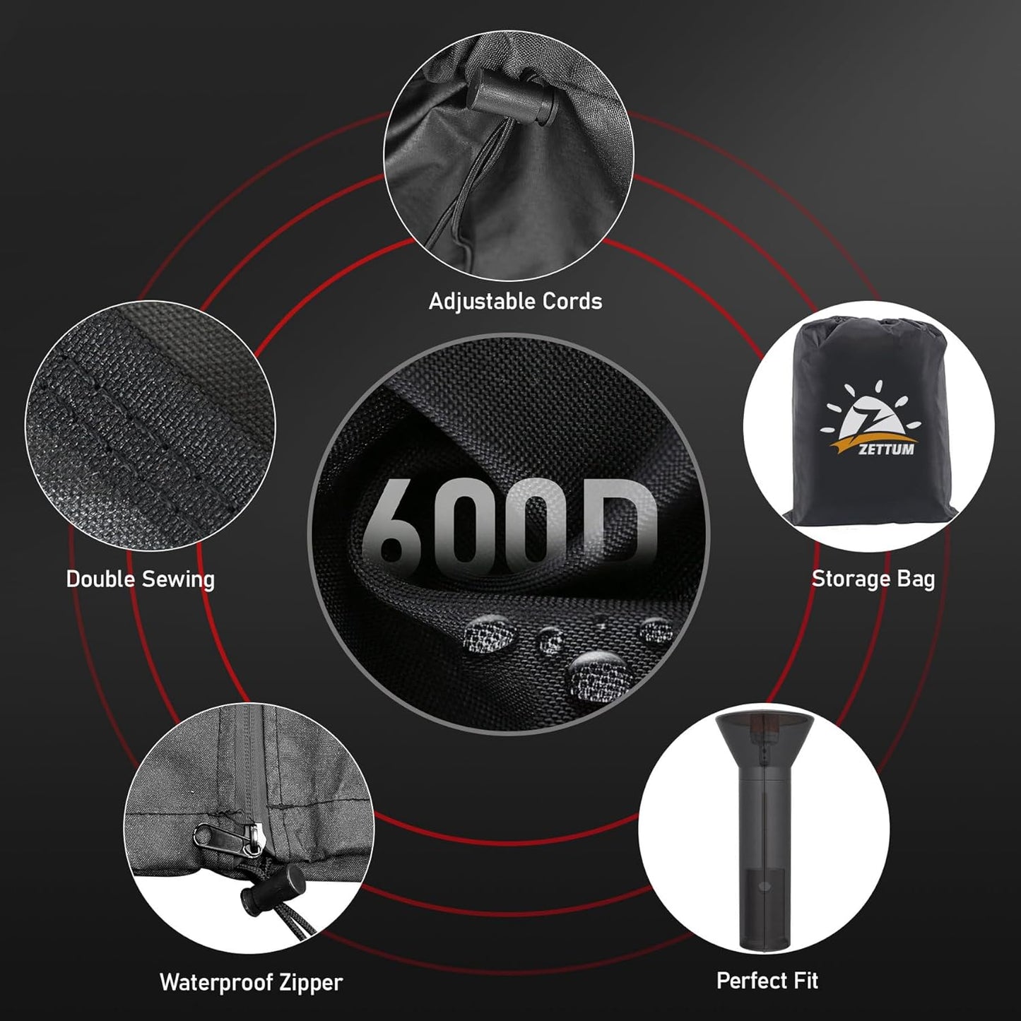 Patio Heater Covers - 600D Outdoor Heater Cover with Zipper Waterproof Heavy Duty, Propane Heat Cover for East Oak, Hampton Bay, Fire Sense and More (87" Height x 33" Dome x 19" Base)