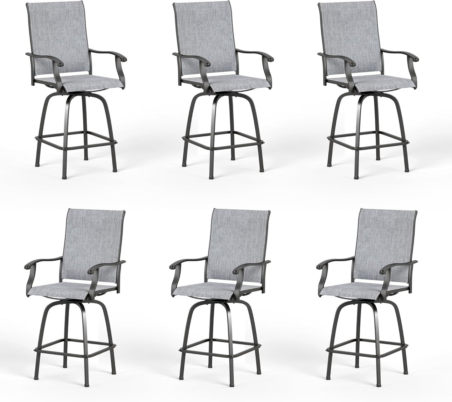 PHI VILLA Outdoor Swivel Patio Bar Stools Set of 6, 30 Inch Bar Height Tall Patio Chairs with Back & Armrest, Durable Textilene Fabric in Grey for Deck Lawn Garden