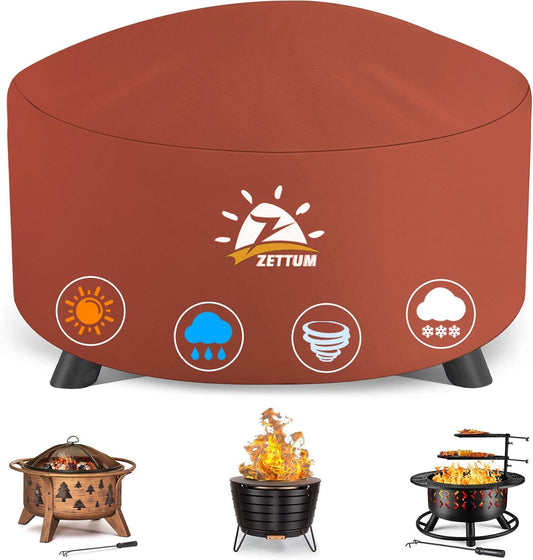 Fire Pit Cover Round 44 Inch - Outdoor Firepit Cover Heavy Duty & Waterproof, 600D Patio Fire Table Covers Gas Fire Pit Accessories Fade & Weather Resistant Brown - 44 x 44 x 24 Inch