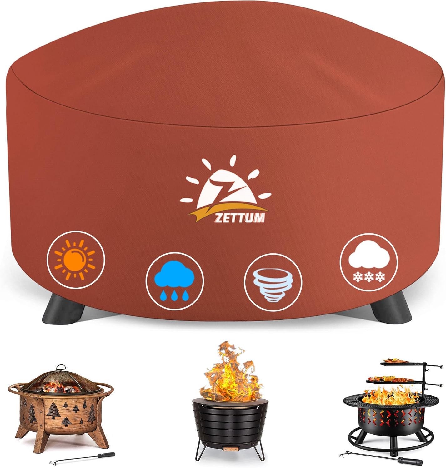 Fire Pit Cover Round 40 Inch - Outdoor Firepit Cover Heavy Duty & Waterproof, 600D Patio Fire Table Covers Gas Fire Pit Accessories Fade & Weather Resistant Brown - 40 x 40 x 20 Inch