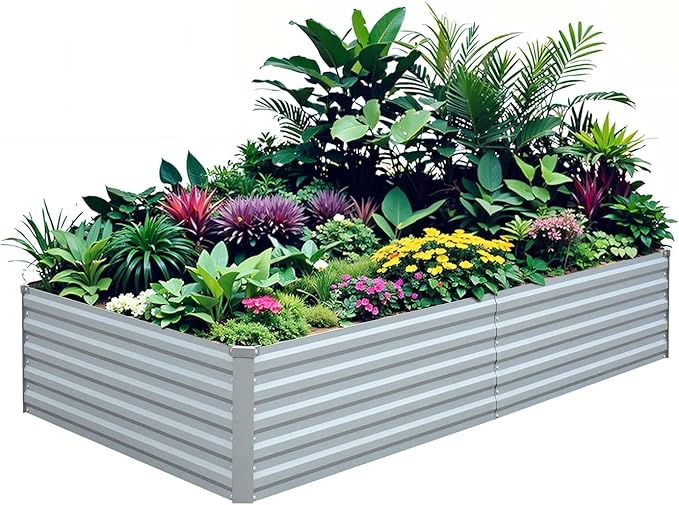 Raised Garden Bed 6x3x1.5FT - Galvanized Steel Planter for Outdoor Vegetables, Flowers, and Herbs - Tall Deep Root Box Kit with Gloves and 2 Compost Bags - Stylish Gray Design