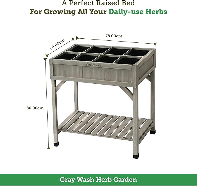 VegTrug 8 Pocket Herb Garden, Wooden Herb Planter with Herb Snips, Gray Wash