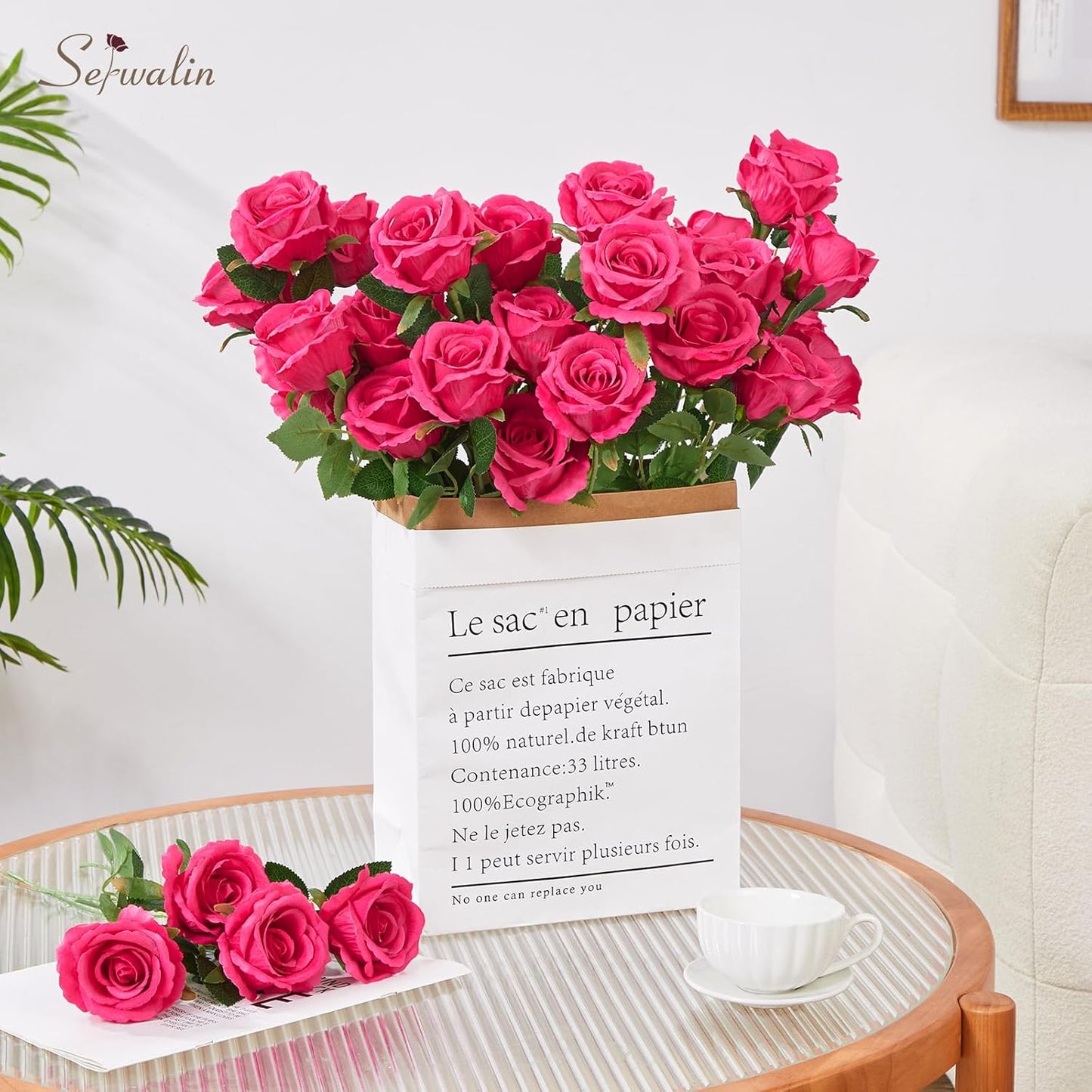 Serwalin 30pcs Artificial Silk Roses Flowers, Hot Pink Artificial Roses with Long Stems Bulk Realistic Fake Roses Flowers for DIY Wedding Bouquet Centerpieces Party Home Table Decor