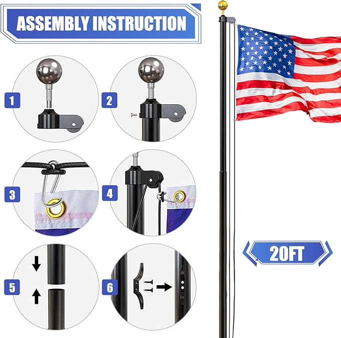 Flag Pole for Outside in Ground, 20FT Sectional Extra Thick Flagpole Kit, Heavy Duty Aluminum Outdoor Flag Poles with 3x5 American Flag for Yard, Garden, Residential or Commercial, Black