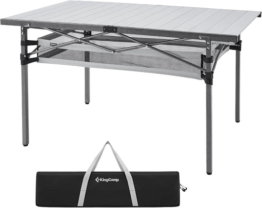 KingCamp Spacious Tabletop Area Aluminum Compact Roll 4-6 Person Stable Adjustable Feet Table with Carry Bag for Outdoor Camp Picnic, Black/Siver_53.5"×27.5" with Storage Layer