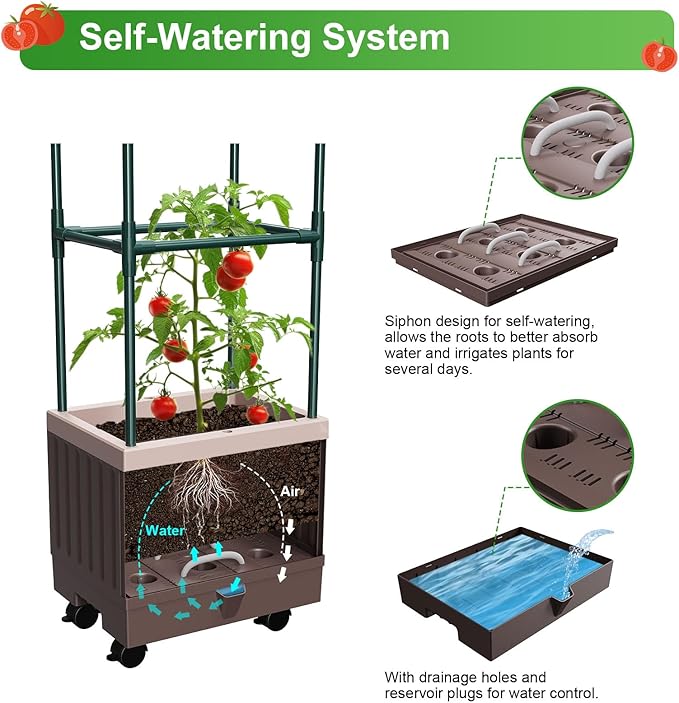 Raised Garden Bed Planter Boxes with Trellis,1pcs 70.9"Self-Watering Tomato Planter Boxes with Trellis for Climbing Vegetables Plants Flowers Tomato with Wheels,Use for Indoor Outdoor (Brown)