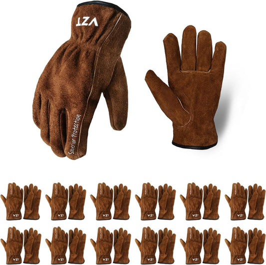 12 Pairs Bulk Leather Work Gloves for Men or Women for Gardening, Construction, Truck, Driving, Farm, Ranch, Woodworker, Soft, Cowhide Thickened, Water Resistant, Brown, XLarge