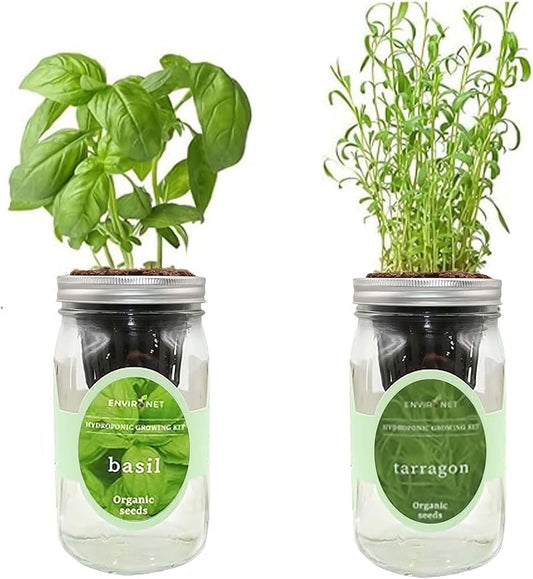 2-Pack Hydroponic Mason Jar Herb Garden Kit, Indoor Herb Garden Self-Watering Starter Kit (Basil,Tarragon)