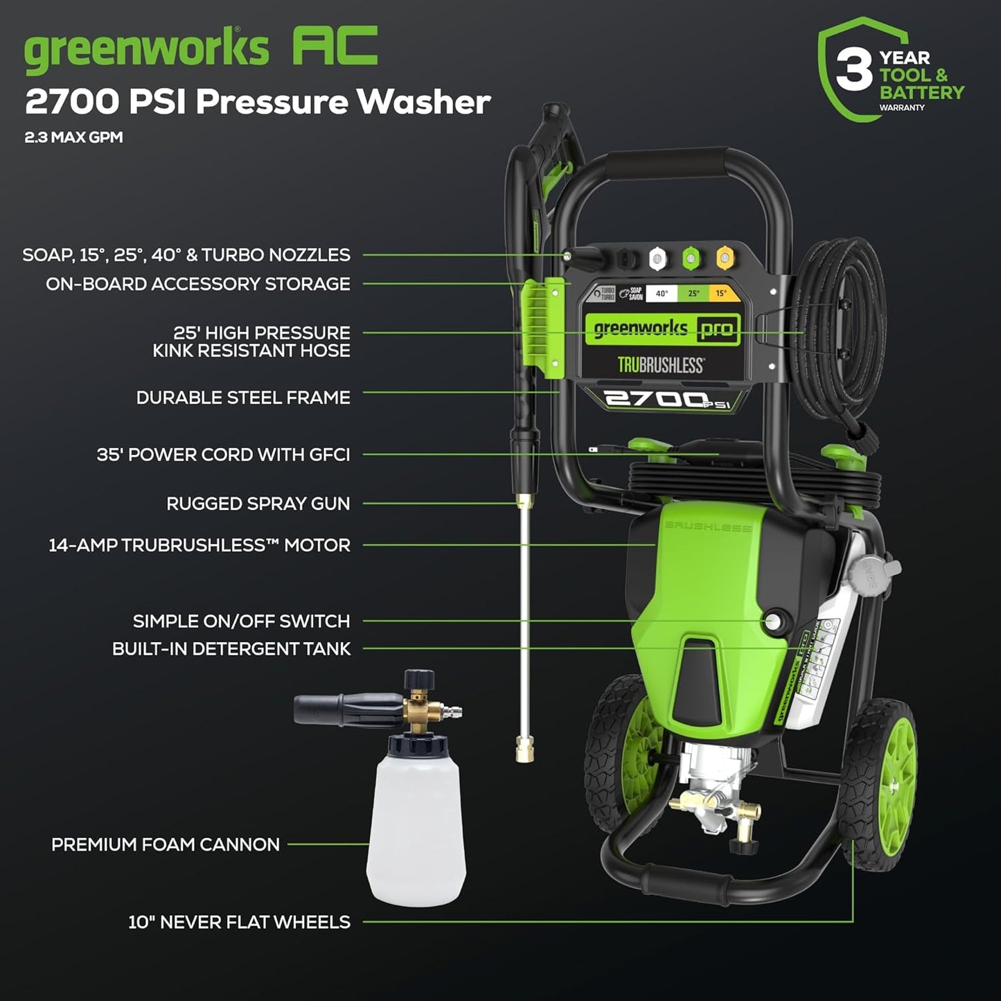 Greenworks 2700 PSI Pressure Washer (2.3 GPM Max) with Foam Cannon - Powerful Enough to Remove Pesky Dirt and Grime on Siding, Fences, Patios, Driveways, and Sidewalks