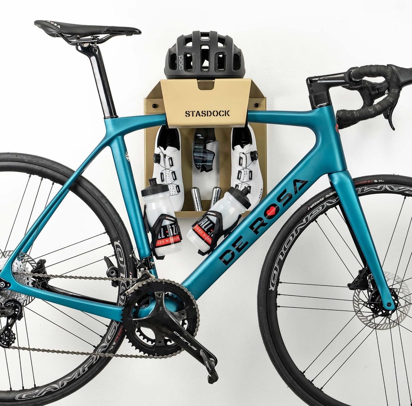 Wall Bike Rack | Bike Storage Wall Mount System | For Race Bicycles (New Gold) and Mountain Bikes | Bike Shelf | Indoor bike wall bracket | Store your helmet and shoes | Home and Garage