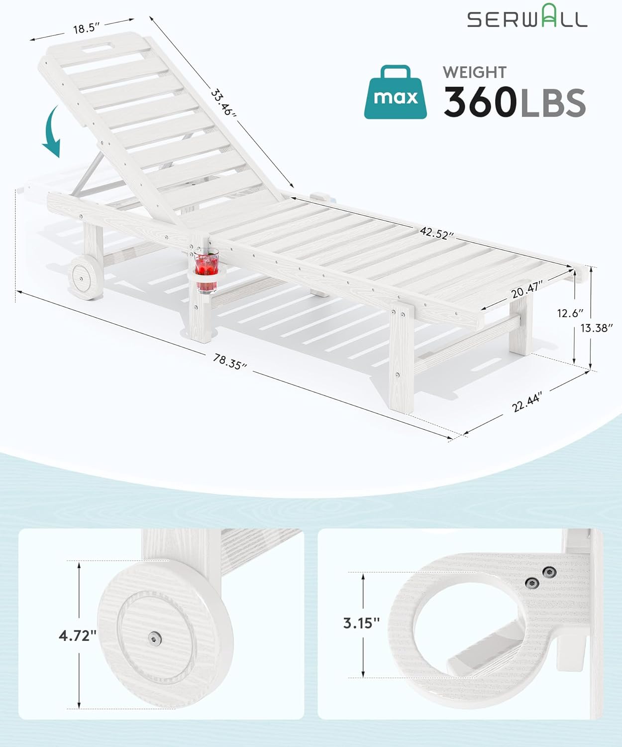SERWALL Patio Chaise Lounge, 78" Length Outdoor Lounge Chair with 5 Positions Adjustable Backrest, HDPE Lounge Chair with Rolling Wheels & Cup Holder for Poolside, Beach, Garden, White