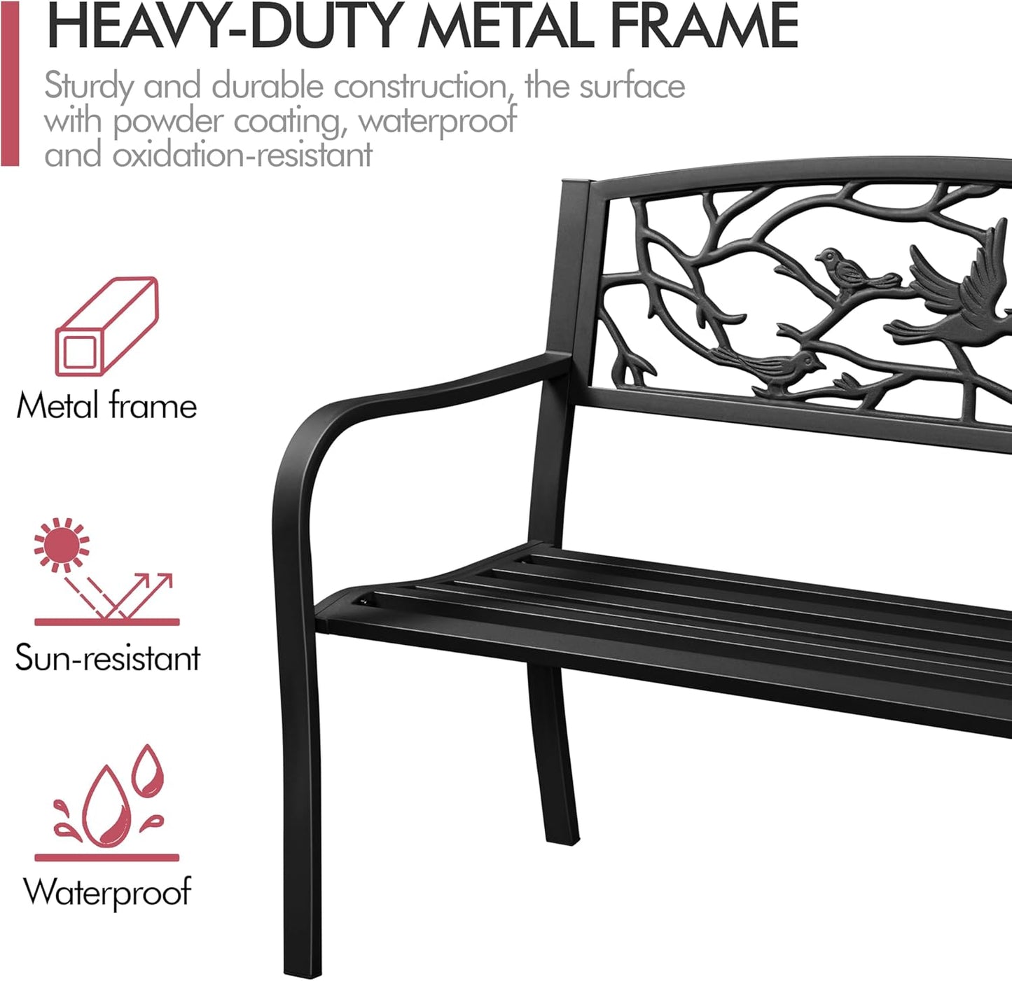 Yaheetech Outdoor Garden Bench Patio Furniture Chair Outdoor with Vintage Bird Pattern Backrest, Slatted Seat, Antique Metal Bench for Yard & Porch & Park, Black