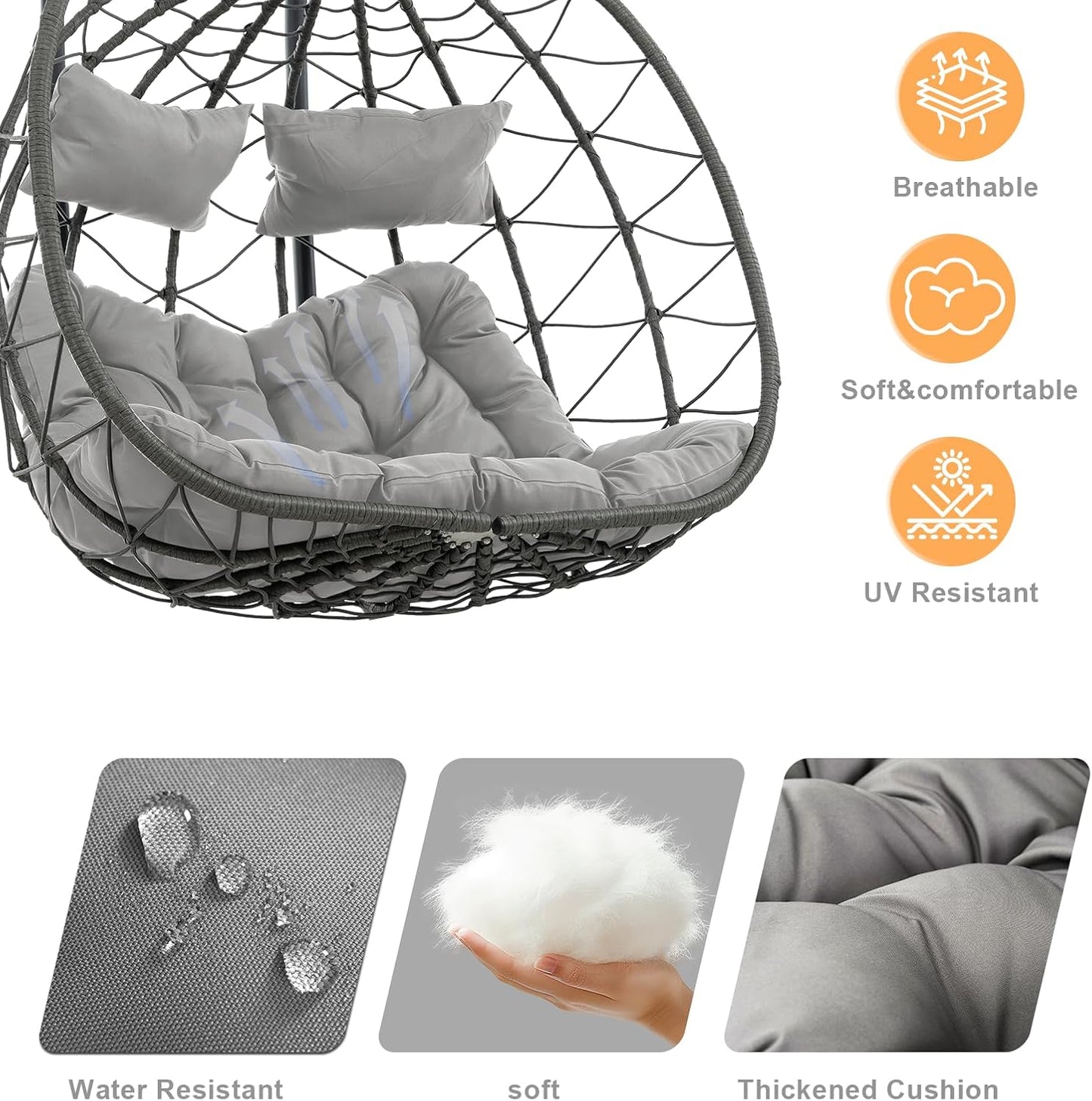 2 Person Double Egg Swing Chair with Stand Indoor Outdoor, Hammock Egg Chair Outdoor, Patio Wicker Hanging Egg Chair w/Cushion 700LBS Capacity for Bedroom, Balcony, Garden, Grey