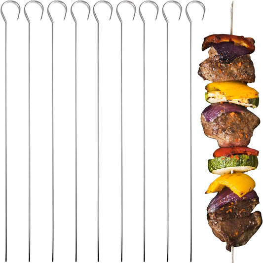 O-Yaki Flat Metal Kabob Skewer for Grilling – Set of 8 BBQ Skewers Stainless Steel with Storage Bag, Dishwasher Safe Skewers with Hook Handle & Sharp Tip for Outdoor BBQ, Cookouts & Oven Use – 8 Inch