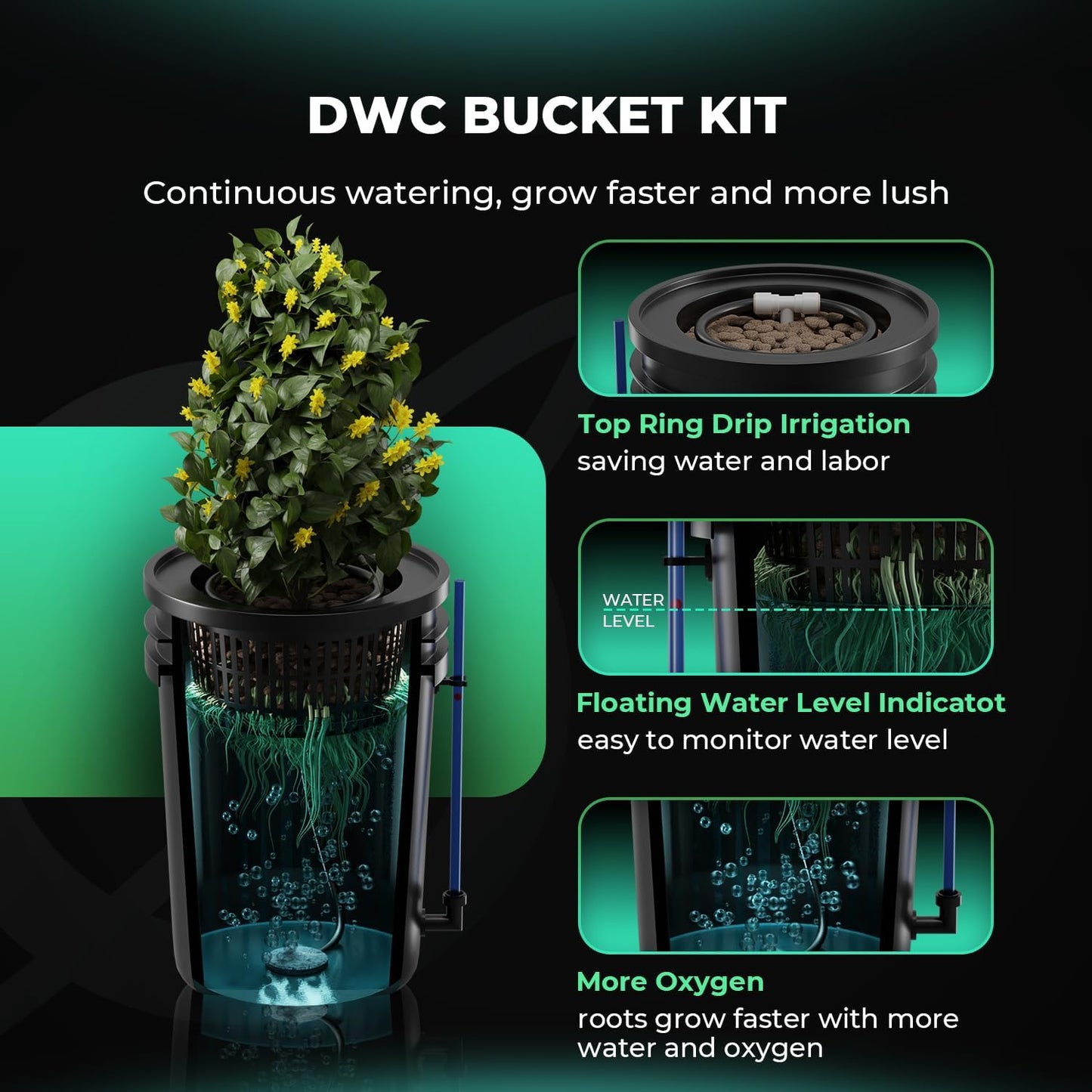 MARS HYDRO DWC Hydroponics Grow System 5 Gallon Deep Water Culture with Recirculating Drip Garden System 11W Air Pump, Multi-Purpose Air Hose, Air Stone, 4 Buckets and Top Drip Kit