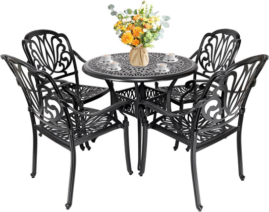 Cast Aluminum Dining Set 5 Piece Outdoor, Patio Conversation Furniture Set, Patio Table and Chairs Set of 4 for Garden Backyard, Black
