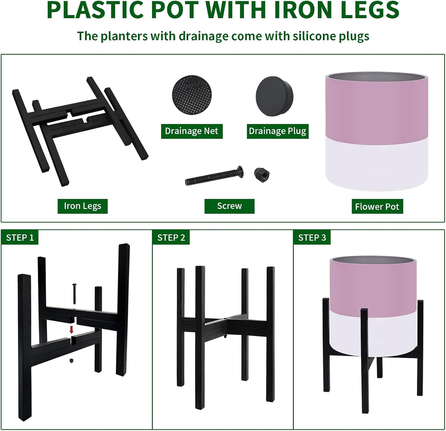 Planter with Stand Set of 2, Modern Plant Pots with Metal Legs Indoor,Flower Pots with Drainage Holes Matching Decorative Garden Pot for Living Room, Office, Garden, or Balcony 10 & 12 Inches