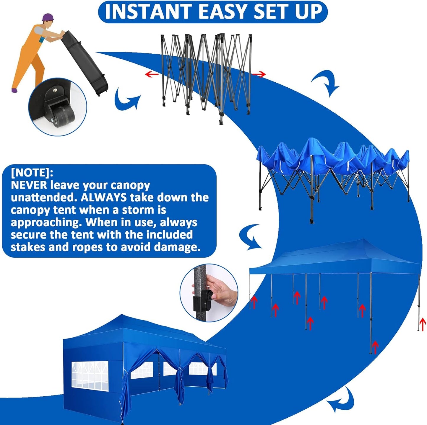 COBIZI 10x30 Pop Up Canopy with 8 Sidewall,Heavy Duty Canopy UPF 50+ All Season Wind Waterproof Commercial Outdoor Wedding Party Tents for Parties Canopy Gazebo with Roller Bag(10 x 30 ft Blue)