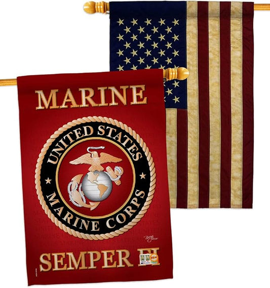 Marine Corps House Flag - Pack Armed Forces USMC Semper Fi United State American Military Veteran Retire Official USA Vintage Applique - Banner Small Garden Yard Gift Double-Sided Made In 28 X 40