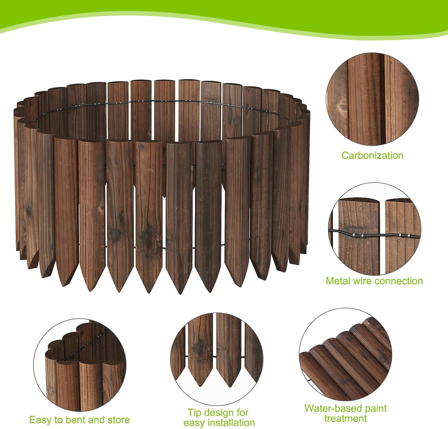 Wood Garden Edging Border Wooden Short Fence Landscape Edging Anti Corrosive Lawn 47.2" L X 11.8" H (2PACK)