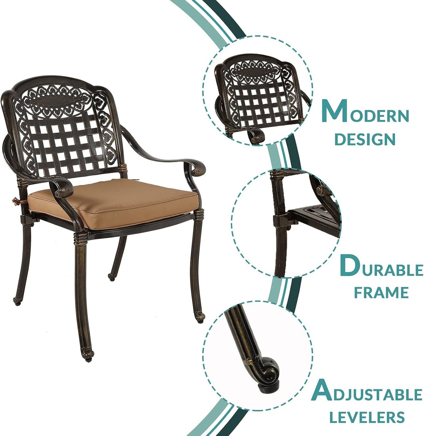 MEETWARM 3 Piece Patio Bistro Set, Outdoor All-Weather Cast Aluminum Dining Furniture Set Includes 2 Chairs with Cushions and a 35.4” Round Table with Umbrella Hole for Garden Deck