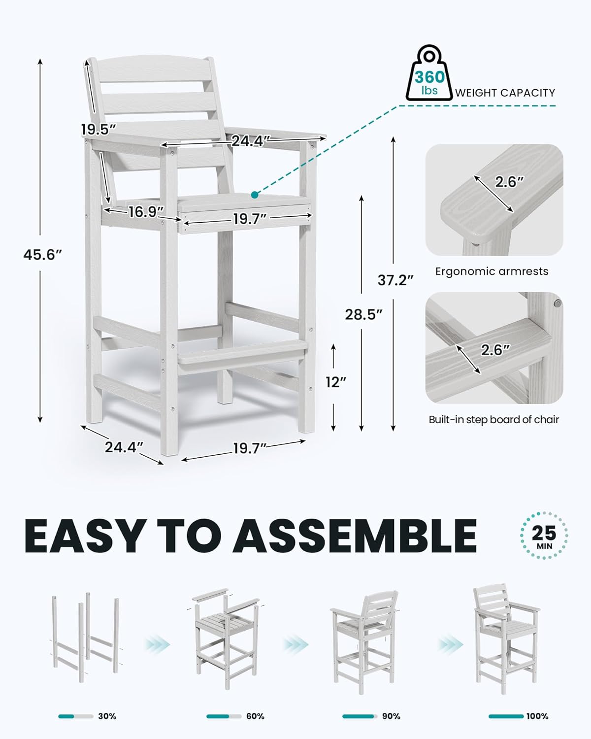 SERWALL Tall Adirondack Chairs Set of 2, Oversize Balcony Adirondack Chairs Set, Outdoor Bar Height Barstools Widened Chair Set for Bistro, Poolside, Garden, White