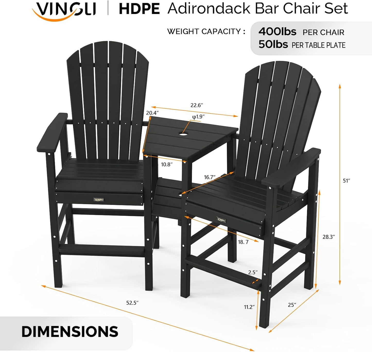 VINGLI Tall Adirondack Chairs Set of 2, HDPE Balcony Chair with Double Connecting Tray Weather Resistant Outdoor Bar Stools for Patio Deck Lawn Pool Backyard (Black)