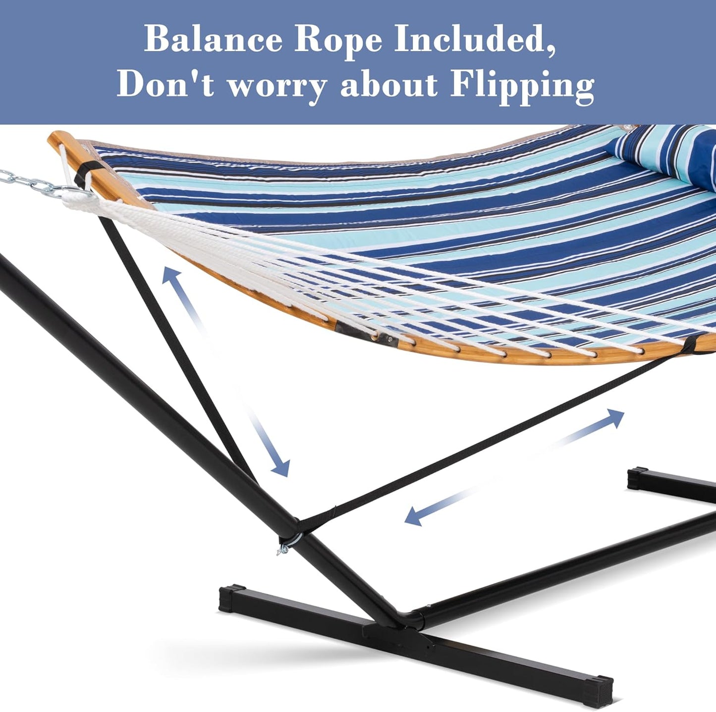 SUNCREAT Double Hammock with Stand Included, Portable Hammock with Stand and Large Pillow, Blue Stripes