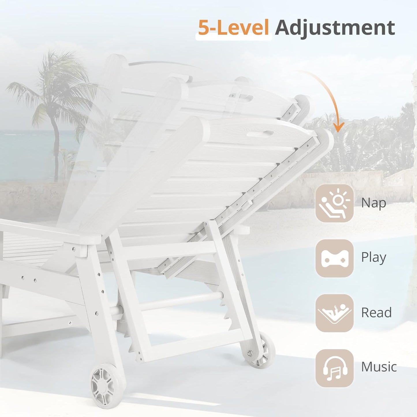 LUE BONA Chaise Lounge Chairs Set with Table, 3-Piece, 79'' Oversized HDPS Chaise Lounger, 5 Positions Adjustable Lounge Chairs, Pool Lounge Chair with Wheels for Poolside, 3 Year Warranty, White