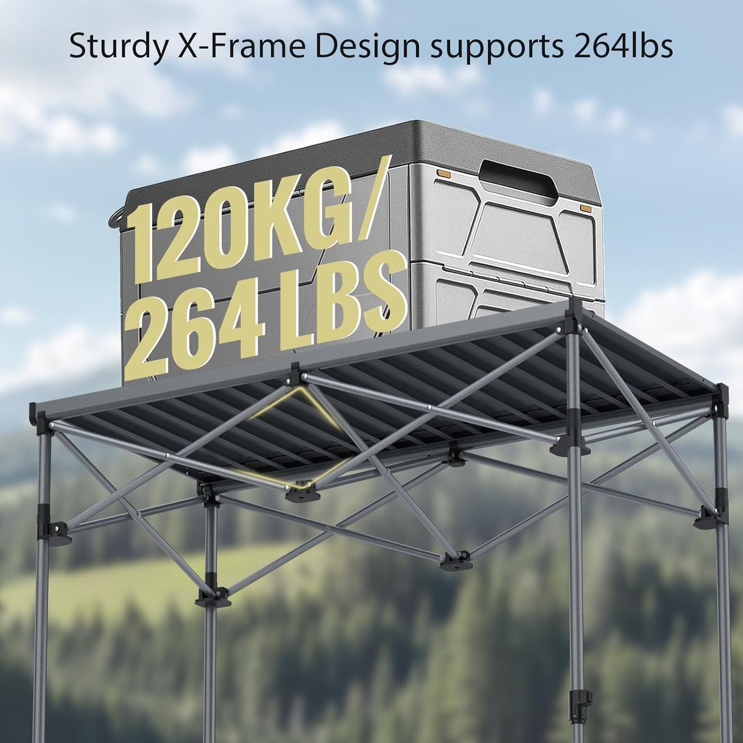 Camping Table Foldable, 2 Adjustable Height 34.2”, Large Roll Up Camping Table Support 264lbs with Storage Basket and Bag, Aluminum Outdoor Table, for Picnic Travel BBQ, 39.4” x 19.7”, Black