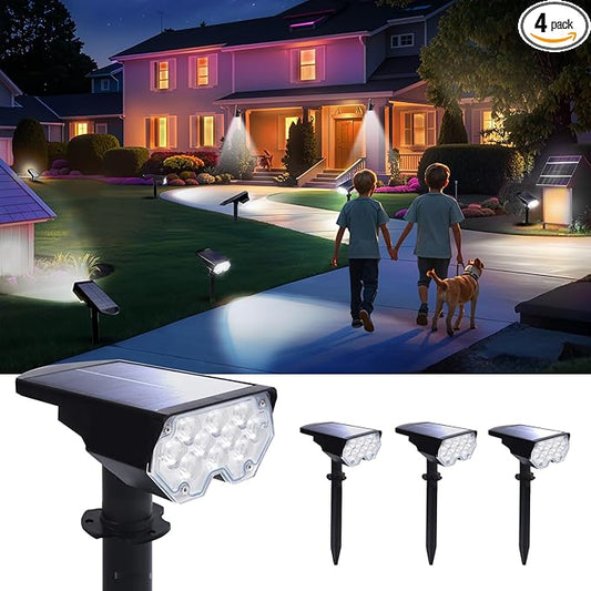 Solar Power Spotlight Outdoor Waterproof Landscape LED Accent Lighting for Yard, Tree, Plants, Walls, Path, Garden, Statues, Adjustable Brightness,Dusk to Dawn Long Lasting 4 Pack Cool White