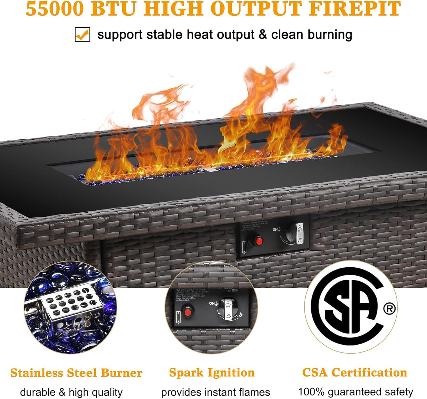 LayinSun 44" Propane Gas Fire Pit Table, 55000 BTU Rectangular Fire Pit with Glass Wind Guard for Outside Patio Deck Garden Backyard