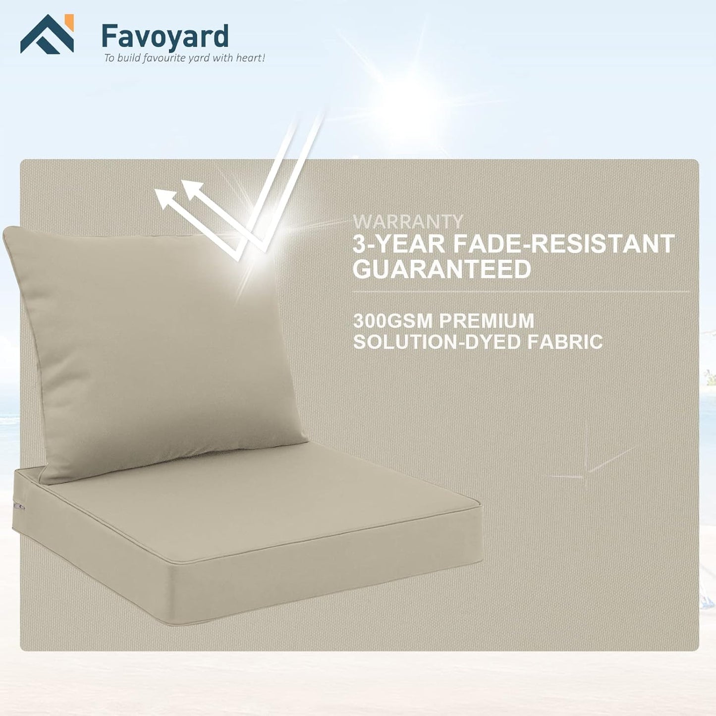 Favoyard Outdoor Seat Cushion Set 22 x 24 Inch Waterproof & Fade Resistant Patio Furniture Cushions with Removable Cover Deep Seat & Back Cushion with Handle and Adjustable Straps for Chair Sofa Couch