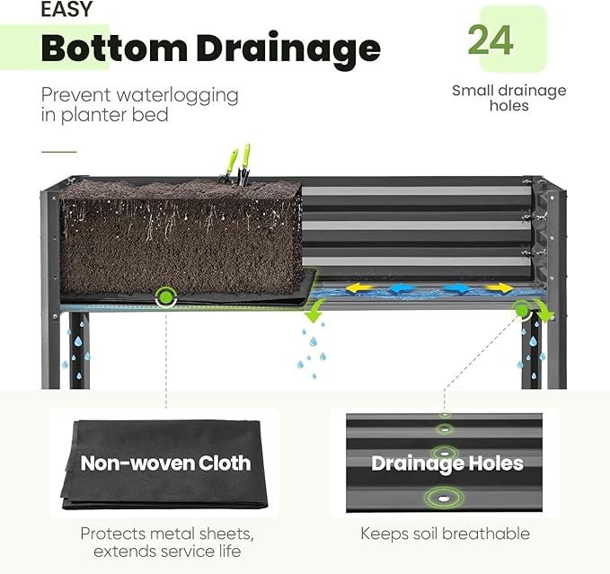 KING BIRD Raised Garden Bed with Irrigation System and Legs Galvanized Elevated Planter Box for Backyard, Patio, Balcony, 600lb Capacity, 70.9x22.8x31.5 in Dark Grey